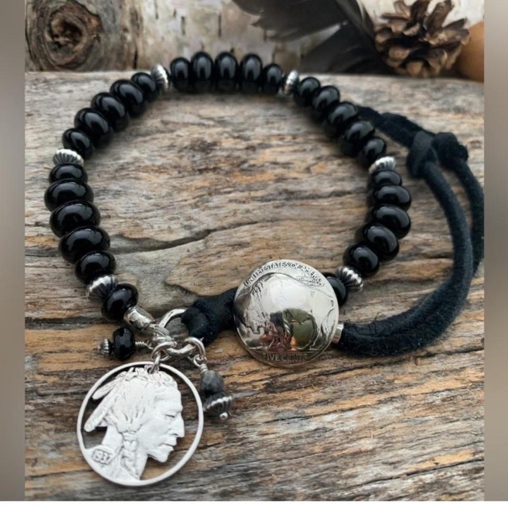 Black Beaded Bracelet with Silver Coin Charm